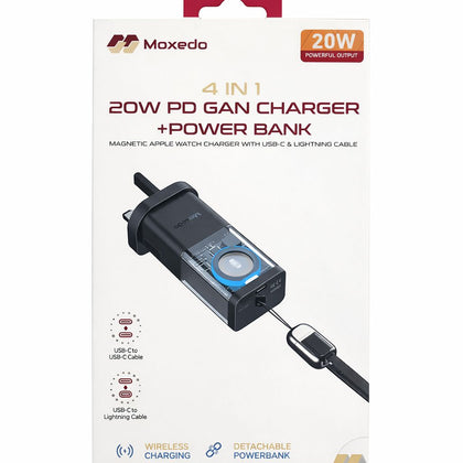 Moxedo 4‑in‑1 20W PD GaN Charger & Power Bank with Magnetic Apple Watch Charger and Built‑in USB‑C to Lightning Cable-Flash Zone Electronics فلاش زون للالكترونيات
