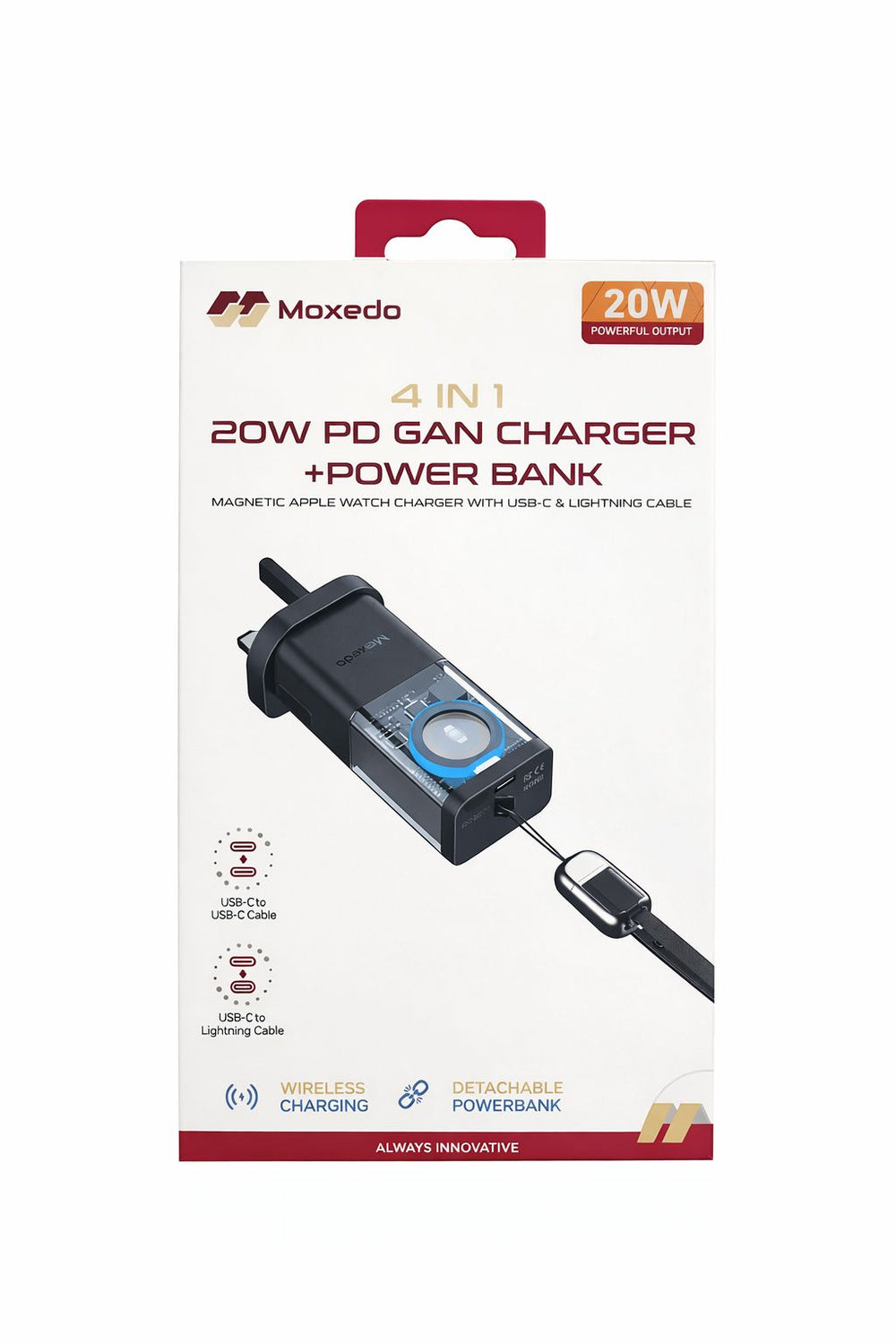 Moxedo 4‑in‑1 20W PD GaN Charger & Power Bank with Magnetic Apple Watch Charger and Built‑in USB‑C to Lightning Cable-Flash Zone Electronics فلاش زون للالكترونيات