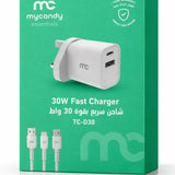 MYCANDY TC‑D30 30W Travel Charger – Dual Port USB‑C & USB‑A Fast PD & QC Adapter-Flash Zone Electronics فلاش زون للالكترونيات