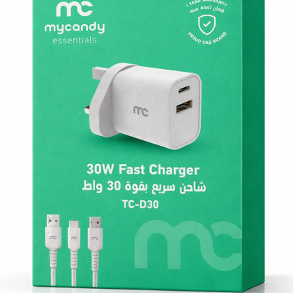 MYCANDY TC‑D30 30W Travel Charger – Dual Port USB‑C & USB‑A Fast PD & QC Adapter-Flash Zone Electronics فلاش زون للالكترونيات