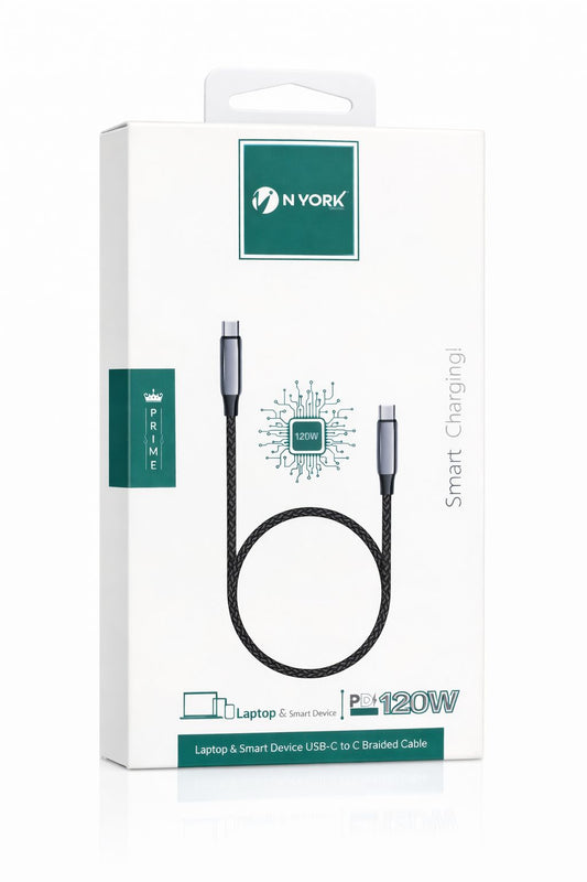 NYork UC849 USB-C to USB-C Braided Cable — 120 W PD Fast Charging for Laptops & Smart Devices-Flash Zone Electronics فلاش زون للالكترونيات