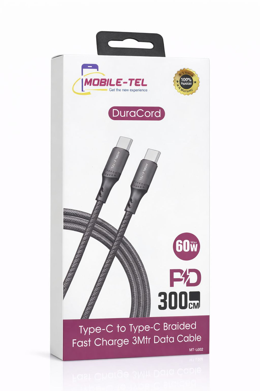 Mobile-Tel Duracord MT-LC02 USB-C to USB-C 60 W Braided Fast Charge & Data Cable – 3m-Flash Zone Electronics فلاش زون للالكترونيات