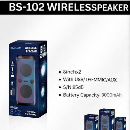 BS-102 Dual 8-Inch Wireless Bluetooth Speaker with USB/TF/FM/AUX & Mic – 3000mAh Battery-Flash Zone Electronics فلاش زون للالكترونيات