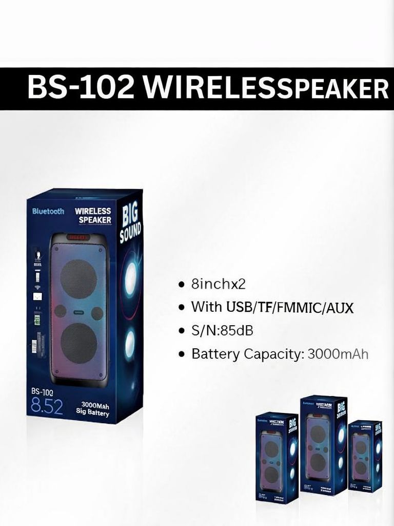 BS-102 Dual 8-Inch Wireless Bluetooth Speaker with USB/TF/FM/AUX & Mic – 3000mAh Battery-Flash Zone Electronics فلاش زون للالكترونيات