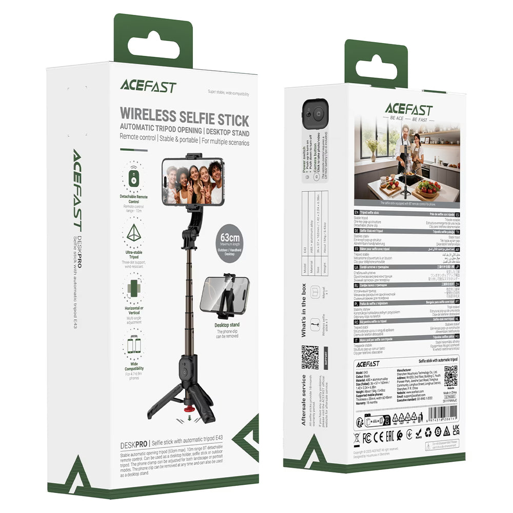 ACEFAST E43 Selfie Stick with Automatic Tripod Black – 63cm Extendable Phone Stand with Detachable Bluetooth Remote-Flash Zone Electronics فلاش زون للالكترونيات