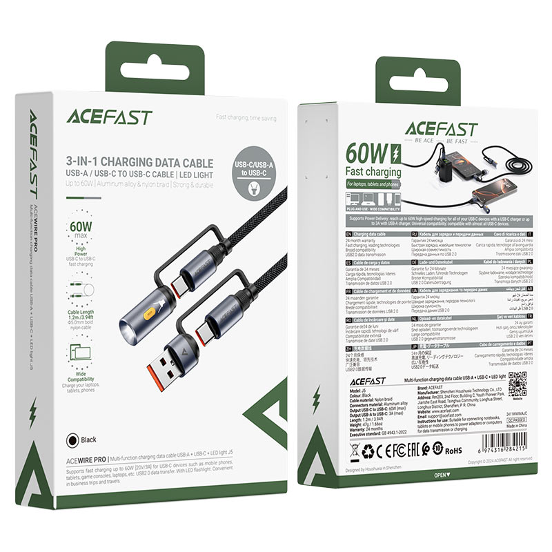 Acefast J5 3‑in‑1 Charging & Data Cable — USB‑A / USB‑C to USB‑C with LED Light-Flash Zone Electronics فلاش زون للالكترونيات