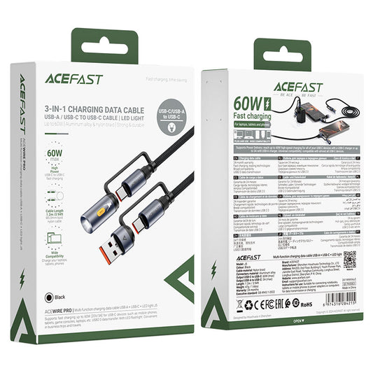 Acefast J5 3‑in‑1 Charging & Data Cable — USB‑A / USB‑C to USB‑C with LED Light-Flash Zone Electronics فلاش زون للالكترونيات