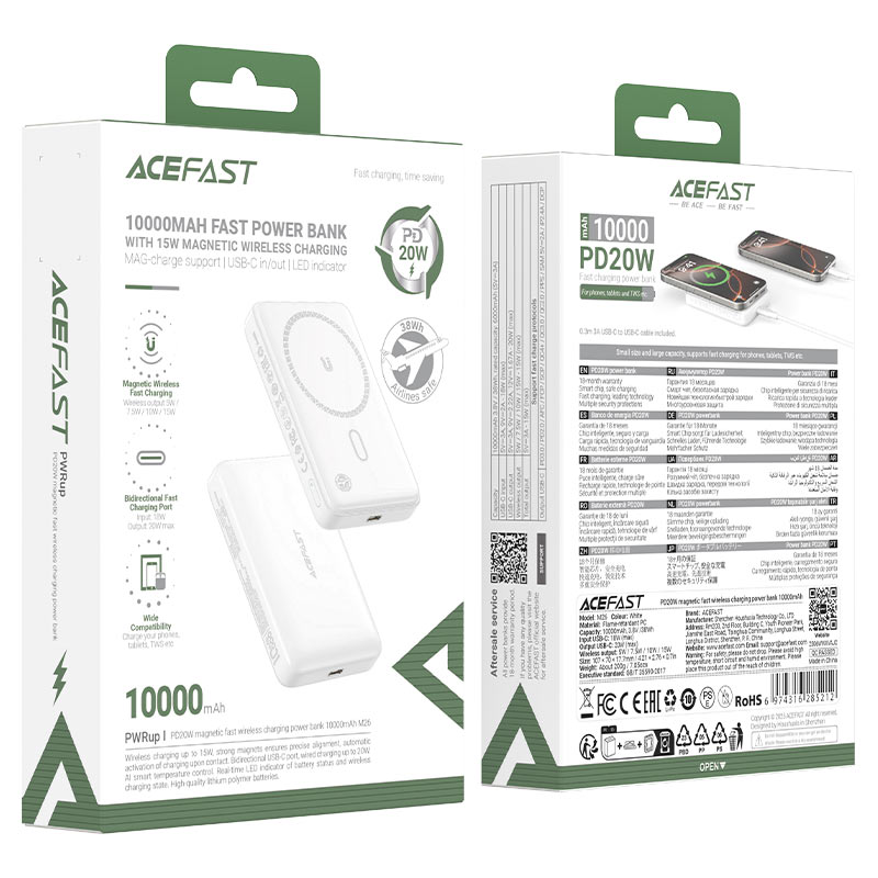 ACEFAST M26 10000mAh Magnetic Wireless Power Bank – PD 20W Fast Charging, USB-C, 15W Wireless Charging-Flash Zone Electronics فلاش زون للالكترونيات