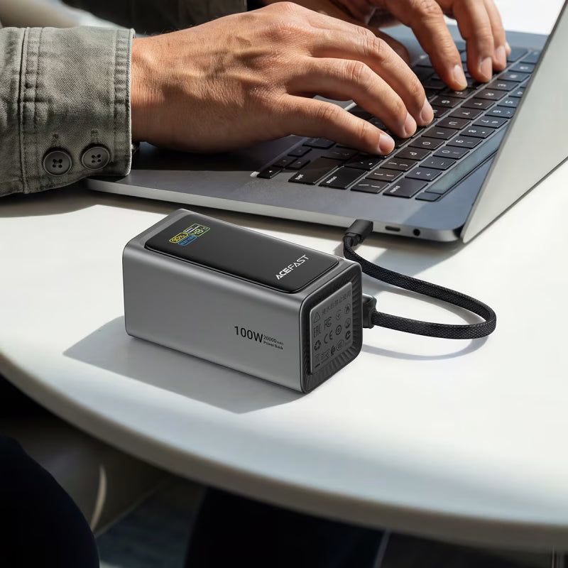 ACEFAST M33 20000mAh 100W Fast Charge Power Bank | Built-in USB-C Cable | PD 3.0 | TFT Smart Display | Laptop & Phone Compatible-Flash Zone Electronics فلاش زون للالكترونيات