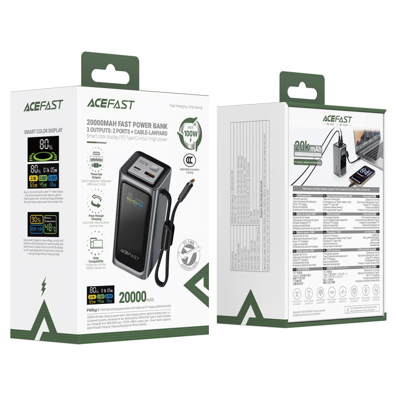 ACEFAST M33 20000mAh 100W Fast Charge Power Bank | Built-in USB-C Cable | PD 3.0 | TFT Smart Display | Laptop & Phone Compatible-Flash Zone Electronics فلاش زون للالكترونيات