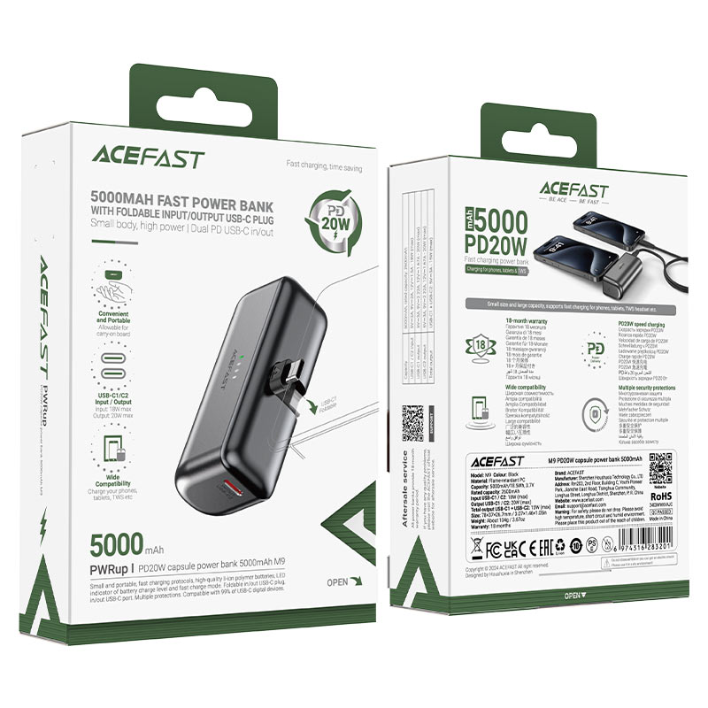 ACEFAST M9 5000mAh PD20W Capsule Power Bank – Mini Portable Fast Charger with Foldable USB-C Plug-Flash Zone Electronics فلاش زون للالكترونيات