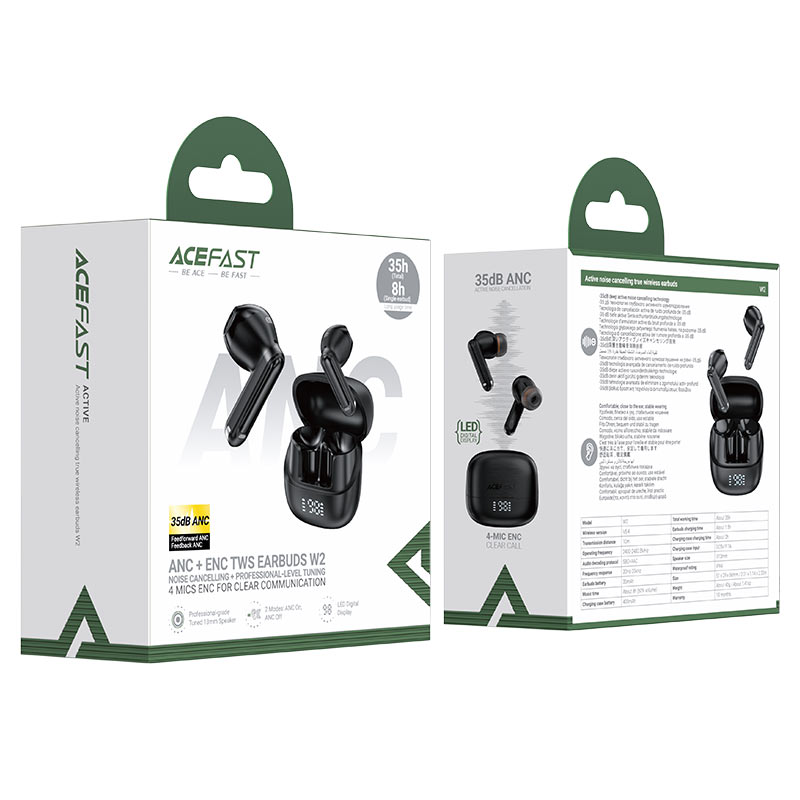 ACEFAST W2 Active Noise Cancelling True Wireless Earbuds - ANC, Black-Flash Zone Electronics فلاش زون للالكترونيات