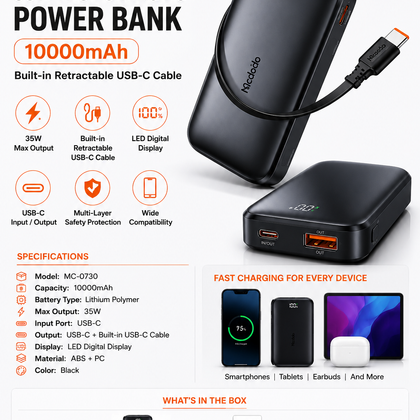 Mcdodo MC-0730 10000mAh 35W Fast Charging Power Bank with Built-in Retractable USB-C Cable & LED Display-Flash Zone Electronics فلاش زون للالكترونيات