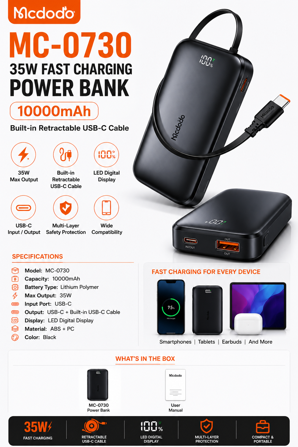 Mcdodo MC-0730 10000mAh 35W Fast Charging Power Bank with Built-in Retractable USB-C Cable & LED Display-Flash Zone Electronics فلاش زون للالكترونيات