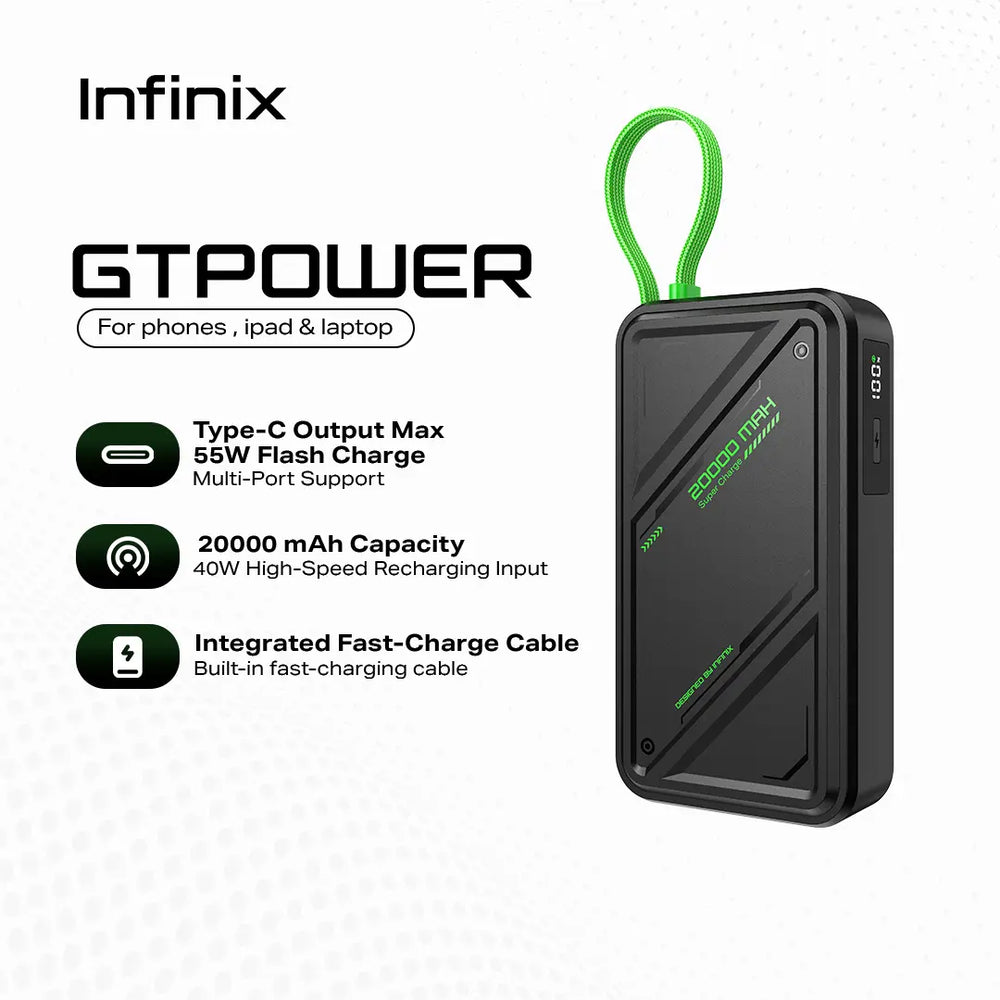 Infinix GT Power 20000mAh Power Bank – 55W Fast Charging, Dual Output, LED Display-Flash Zone Electronics فلاش زون للالكترونيات