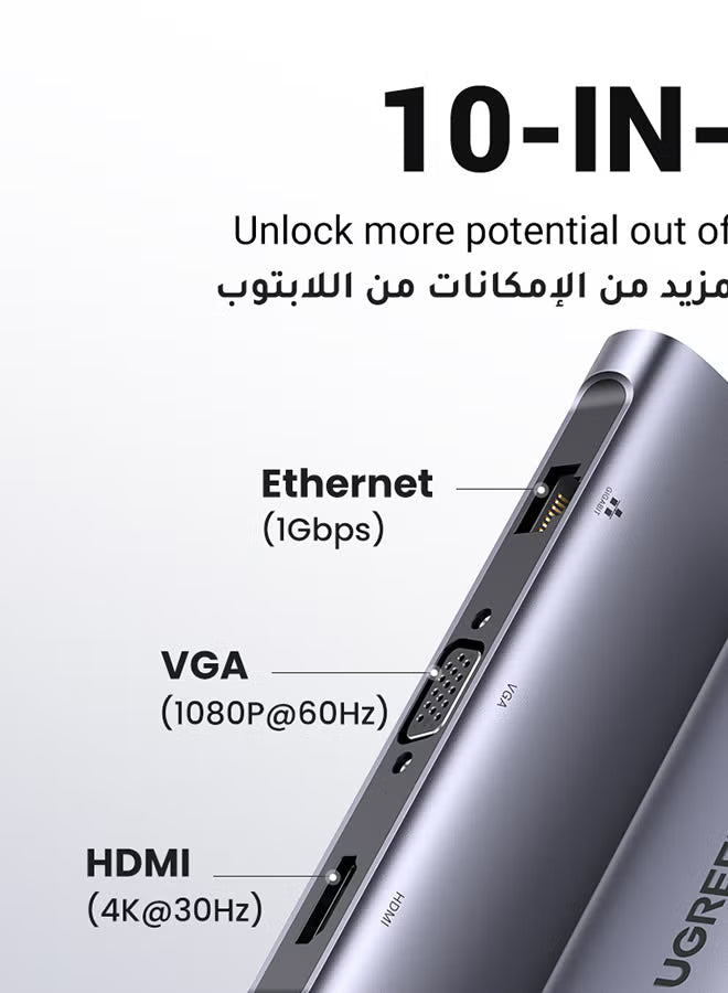 UGREEN 10‑in‑1 USB‑C Hub Adapter – HDMI, VGA, Ethernet & Multifunction USB‑C Adapter (4K @ 30 Hz)-Flash Zone Electronics فلاش زون للالكترونيات