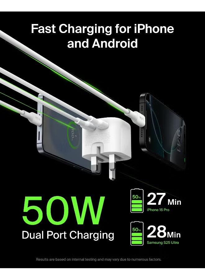 Belkin BoostCharge Pro Dual USB GaN Wall Charger 50W – Foldable Pins-Flash Zone Electronics فلاش زون للالكترونيات