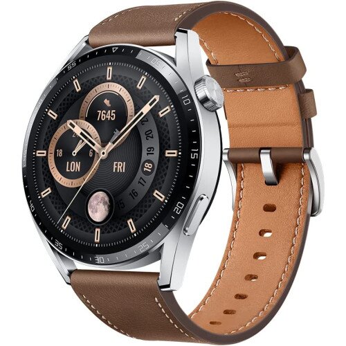 HUAWEI Watch GT 3 – Stainless Steel Case with Brown Leather Strap-Flash Zone Electronics فلاش زون للالكترونيات