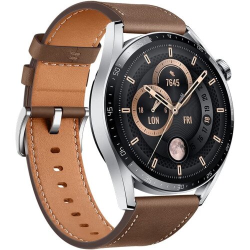 HUAWEI Watch GT 3 – Stainless Steel Case with Brown Leather Strap-Flash Zone Electronics فلاش زون للالكترونيات