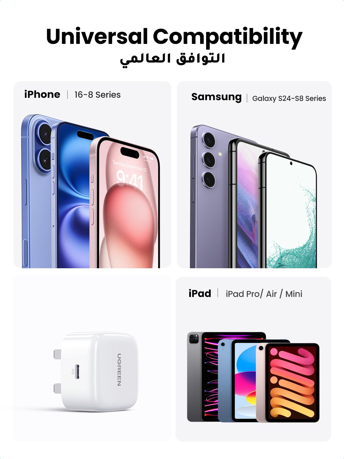 UGREEN iPhone 16 USB C Charger PD 20W Fast Type C Mobile Charger Adapter Plug Type C Universal Travel Adapter Compatible for iPhone 16 SE/16 Pro/16 Plus /16 Pro Max, 15/14 Series and More-Flash Zone Electronics فلاش زون للالكترونيات