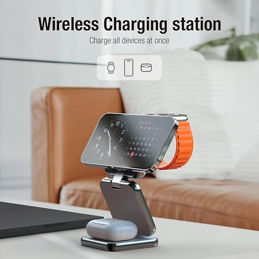 Mycandy WSC-D310 3-in-1 Wireless Charger – Fast Qi Charging Stand for iPhone, Apple Watch & AirPods | Sleek Metal Design – Grey-Flash Zone Electronics فلاش زون للالكترونيات