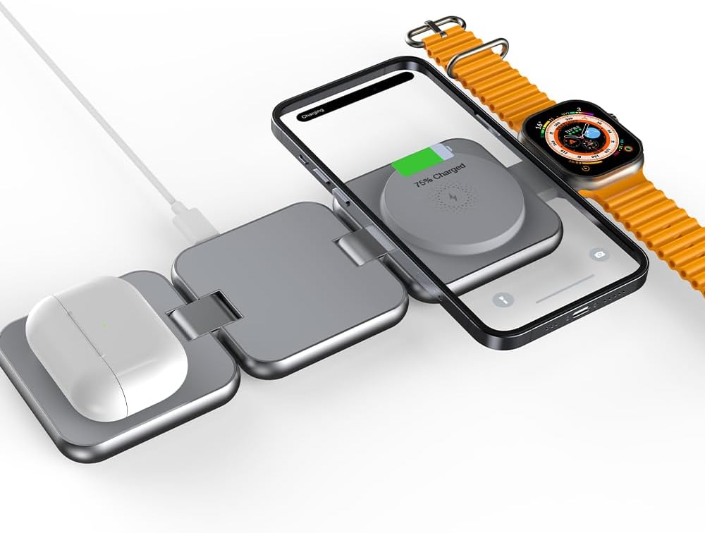 Mycandy WSC-D310 3-in-1 Wireless Charger – Fast Qi Charging Stand for iPhone, Apple Watch & AirPods | Sleek Metal Design – Grey-Flash Zone Electronics فلاش زون للالكترونيات