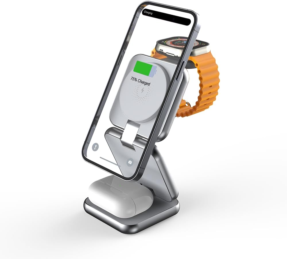 Mycandy WSC-D310 3-in-1 Wireless Charger – Fast Qi Charging Stand for iPhone, Apple Watch & AirPods | Sleek Metal Design – Grey-Flash Zone Electronics فلاش زون للالكترونيات