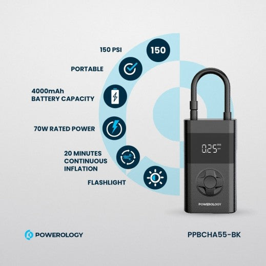 Powerology PP055 Ultra Portable Air Compressor & 4000 mAh Power Bank – Compact Tire Inflator with Digital Display-Flash Zone Electronics فلاش زون للالكترونيات