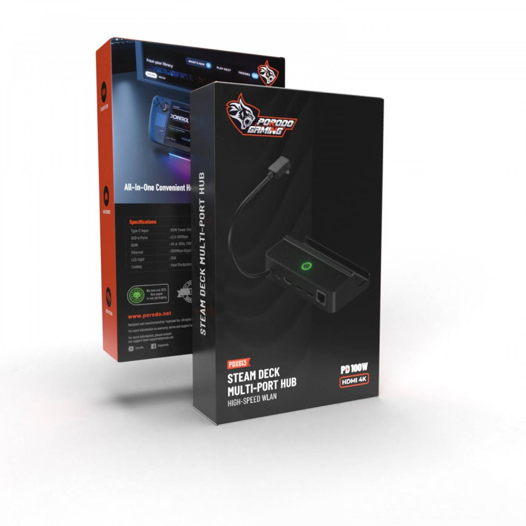 Porodo Gaming Steam Deck Multi‑Port Hub PDX613 – USB‑C 100W PD, HDMI, Ethernet, USB Ports & RGB LED-Flash Zone Electronics فلاش زون للالكترونيات