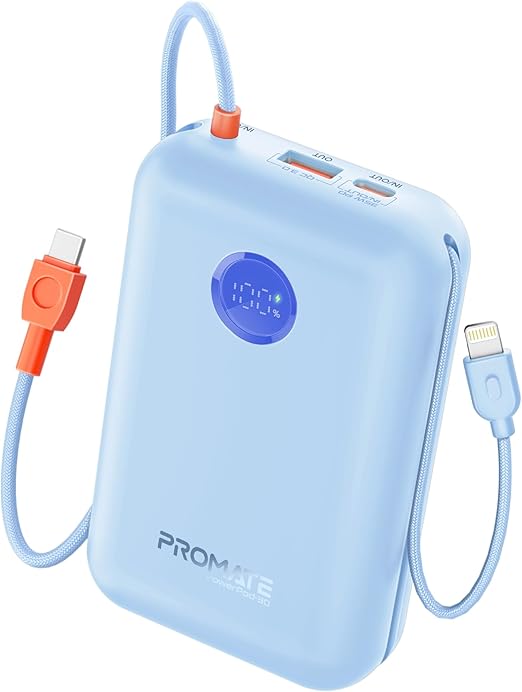 Promate 30000mAh 4‑in‑1 Power Bank 35W – High‑Capacity Power Bank with Built‑In USB‑C & Lightning Cables-Flash Zone Electronics فلاش زون للالكترونيات