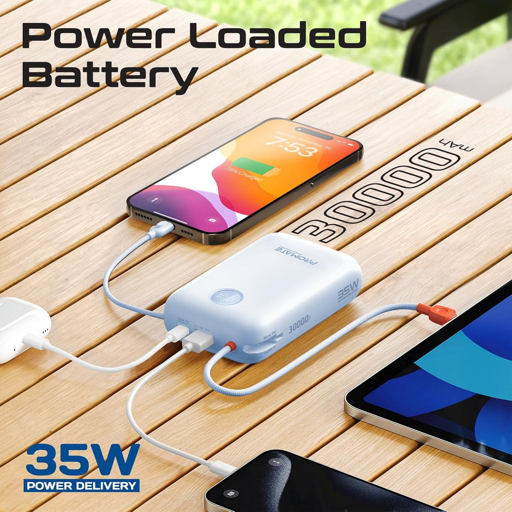 Promate 30000mAh 4‑in‑1 Power Bank 35W – High‑Capacity Power Bank with Built‑In USB‑C & Lightning Cables-Flash Zone Electronics فلاش زون للالكترونيات