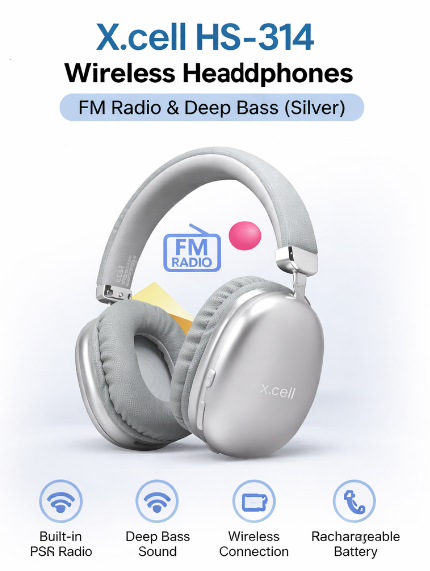 X.cell HS-314 Wireless Over-Ear Headphones – FM Radio & Deep Bass (Silver)-Flash Zone Electronics فلاش زون للالكترونيات