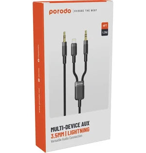 Porodo Multi‑Device AUX 3.5mm & Lightning Cable Versatile 1.2 m Audio Connection Cable for Smartphones & Other Devices-Flash Zone Electronics فلاش زون للالكترونيات