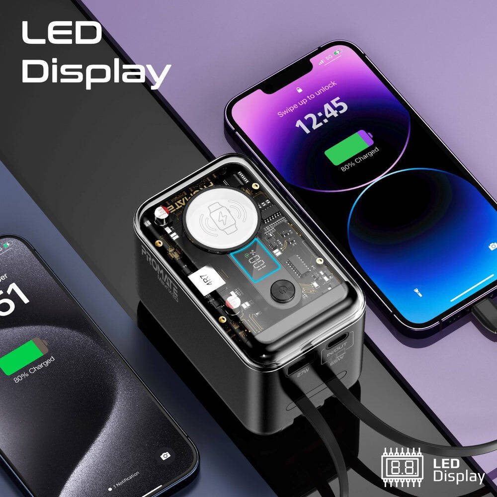 Promate 65W Multi-Device Power Bank – Built-in USB-C & Lightning Cables-Flash Zone Electronics فلاش زون للالكترونيات