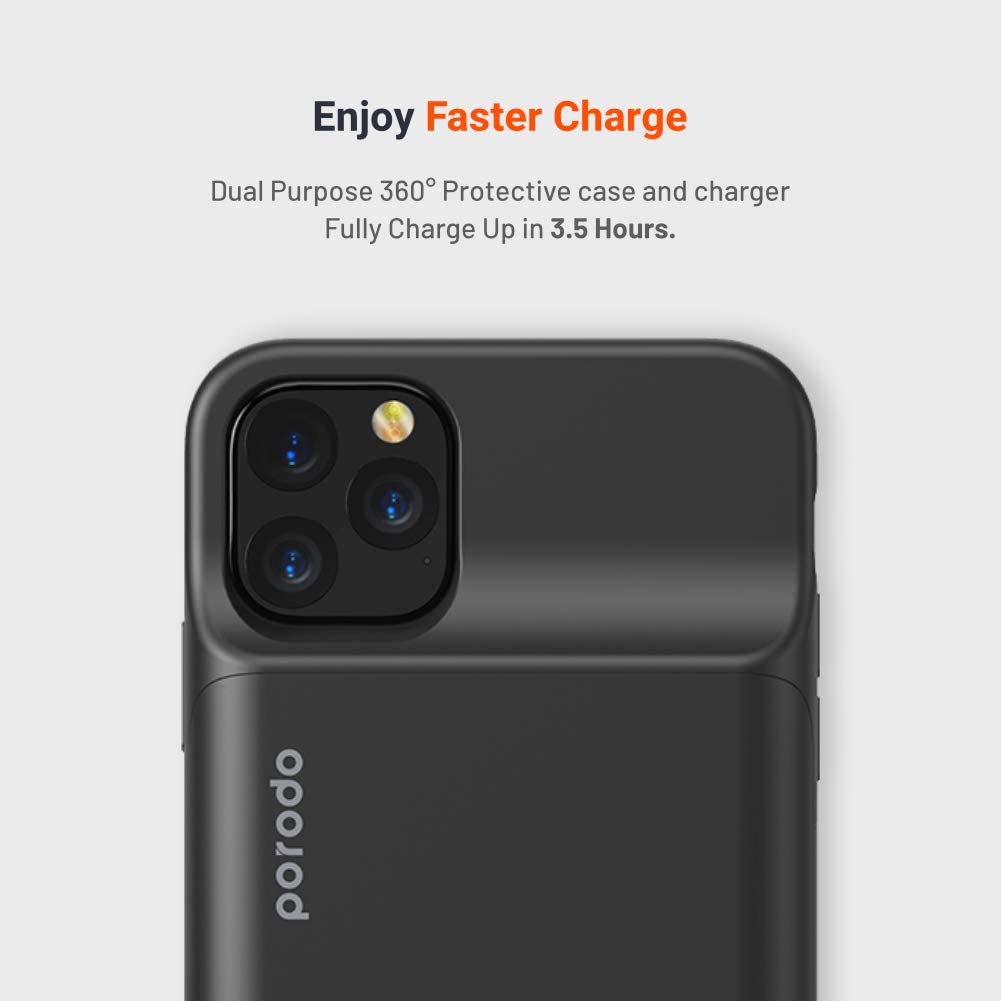 Porodo Battery Case for iPhone 11 Pro, Qi 5W Wireless Power Battery Case 3500mAh, 2A Fast USC-C Re-charge, Portable & Convenient Charging Case, Protective Charging Case iPhone 11 Pro - Black-Flash Zone Electronics             فلاش زون للالكترونيات