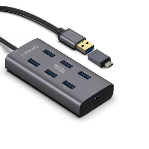 Promate EzHub-7 Aluminium Alloy Powered USB Hub • 7 USB 3.0 Ports • USB-C Adaptor • 5Gbps Transfer Rate • Data & Charge-Flash Zone Electronics             فلاش زون للالكترونيات