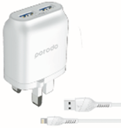 Porodo Dual USB Wall Charger 2.4A with Improved Version PVC Lightning Cable 1.2m-Flash Zone Electronics             فلاش زون للالكترونيات