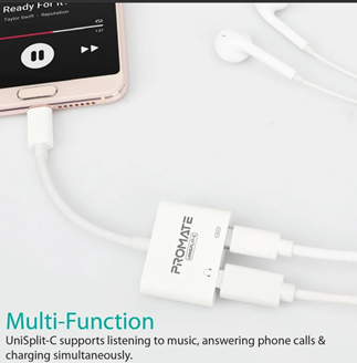 Promate UniSplit-C 2-In-1 Splitter USB To Audio Adapter White-Flash Zone Electronics             فلاش زون للالكترونيات
