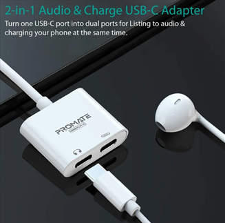 Promate UniSplit-C 2-In-1 Splitter USB To Audio Adapter White-Flash Zone Electronics             فلاش زون للالكترونيات
