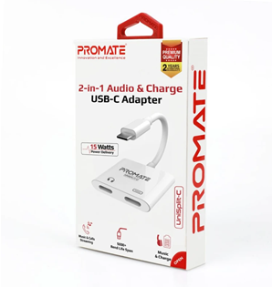 Promate UniSplit-C 2-In-1 Splitter USB To Audio Adapter White-Flash Zone Electronics             فلاش زون للالكترونيات