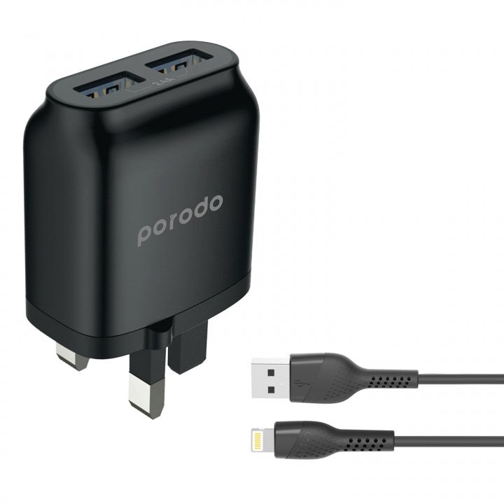 Porodo Dual USB Wall Charger 2.4A with Improved Version PVC Lightning Cable 1.2m-Flash Zone Electronics             فلاش زون للالكترونيات