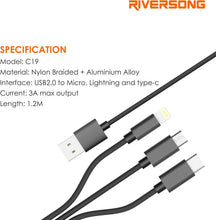 Load image into Gallery viewer, Riversong Infinity III 3 in 1 [ Lightning , Micro USB , Type C ] Multi Port Charging 1.2 M Lightning Cable 3 A 1.2 m Nylon Braided Micro USB Cable-Flash Zone Electronics             فلاش زون للالكترونيات
