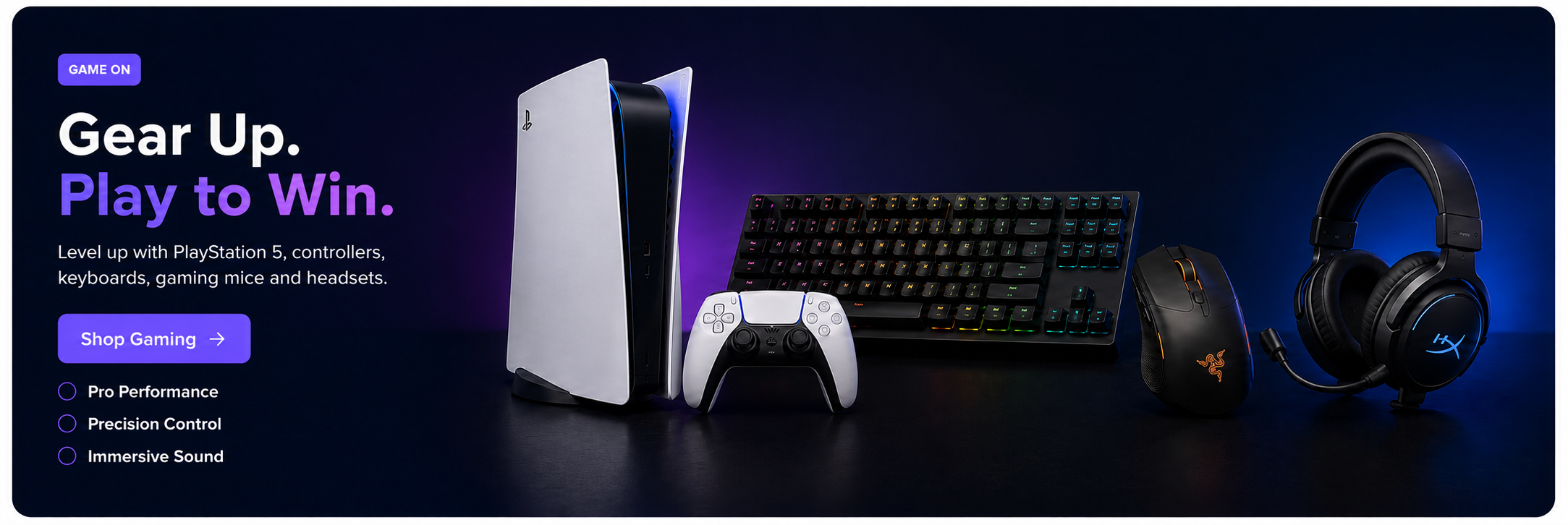 PlayStation 5, controller, keyboard, gaming mouse and headset